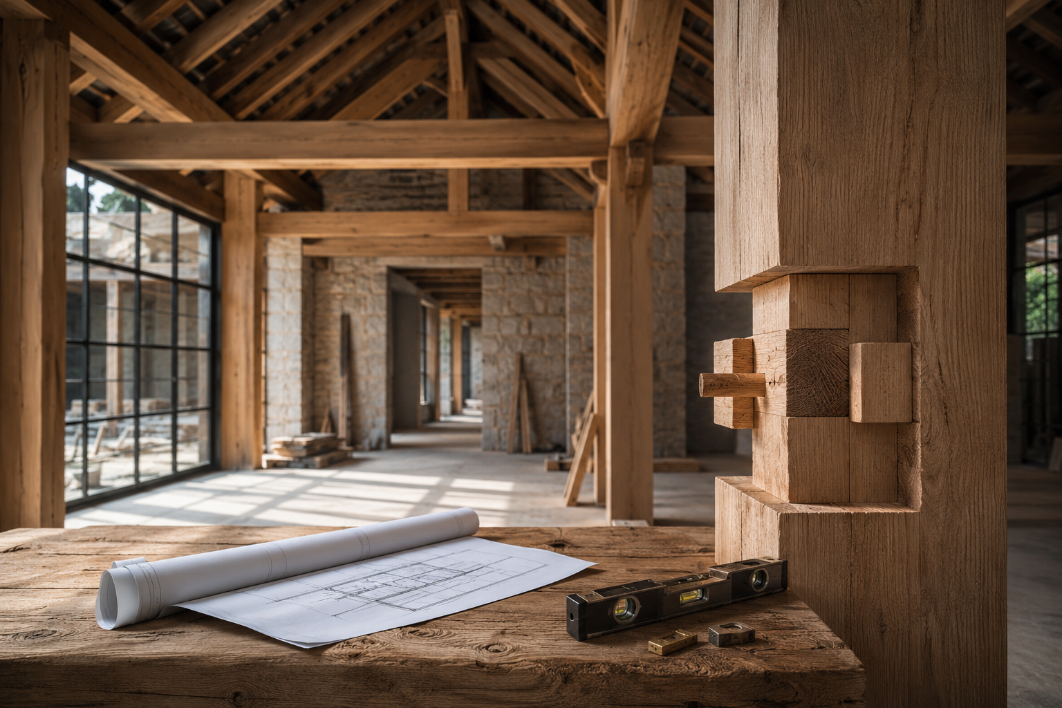 A timber-framed build in progress, a rolled drawing and a level resting on a worktable.