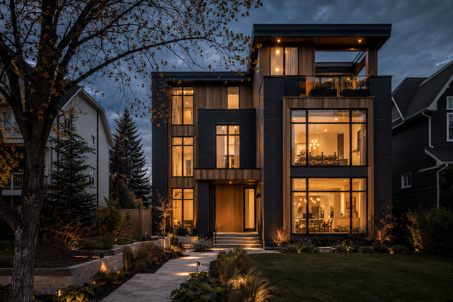 A modern Calgary infill home glowing warmly at dusk on an established street.