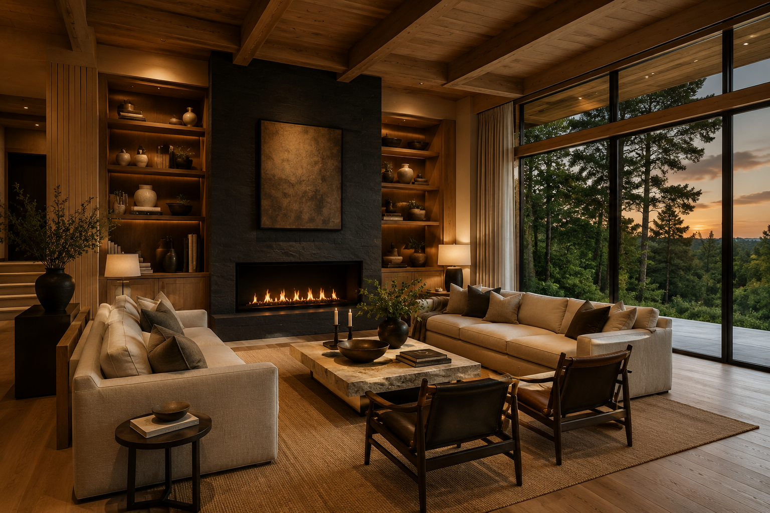 A warm living room at dusk, a linear fireplace, layered timber ceiling, and a wall of glass onto the trees.