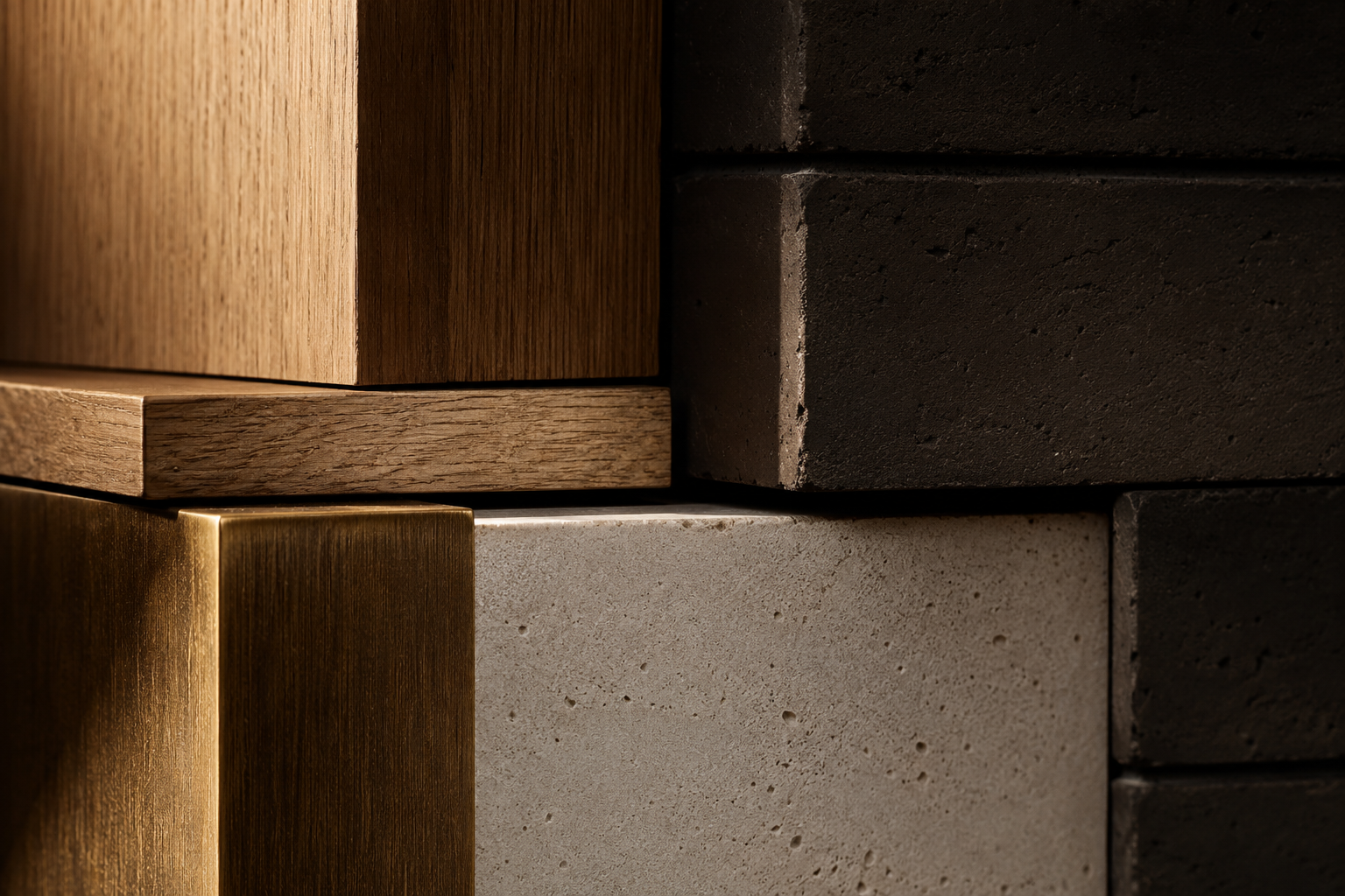 Close study of building materials, white oak, dark brick, board-formed concrete, and a brushed bronze edge.