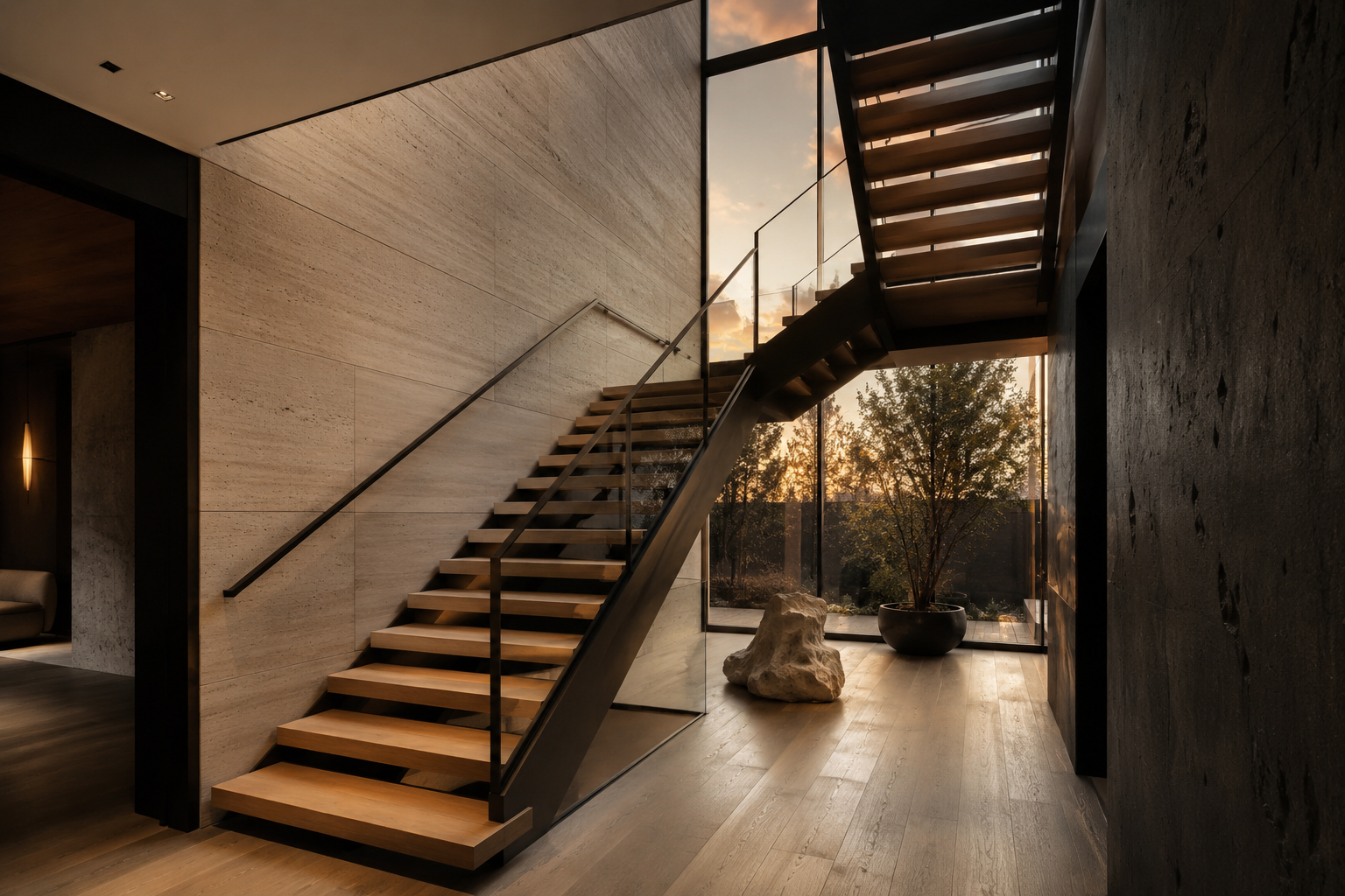 A floating timber staircase against a board-formed concrete wall at golden hour.